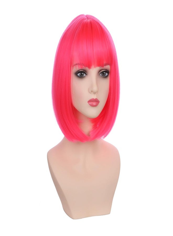 DUDUWIG Kid Hot Pink Wig Girls Short Rose Red Straight Wig Child Neon Pink Wigs with Bangs Hairnet Include - Image 1